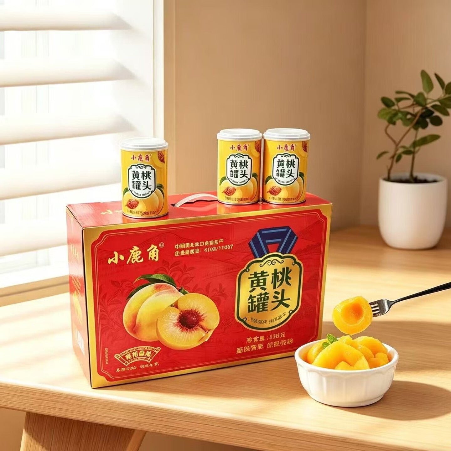 小鹿角425铁罐黄桃罐头礼盒高端大气果肉浓郁口感Q甜多汁 425g*8罐礼盒黄桃罐头