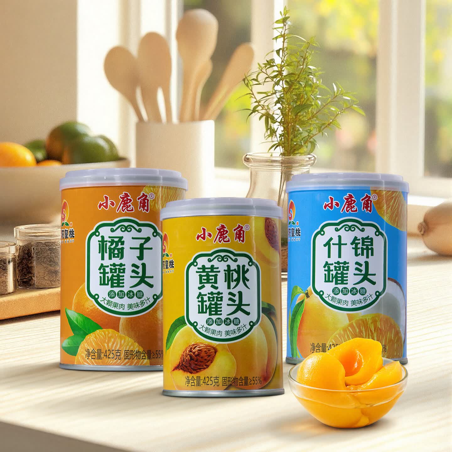 小鹿角425*12罐铁罐黄桃罐头果肉浓郁口感Q甜多汁橘子梨子什锦多种口味 425g*12罐黄桃罐头